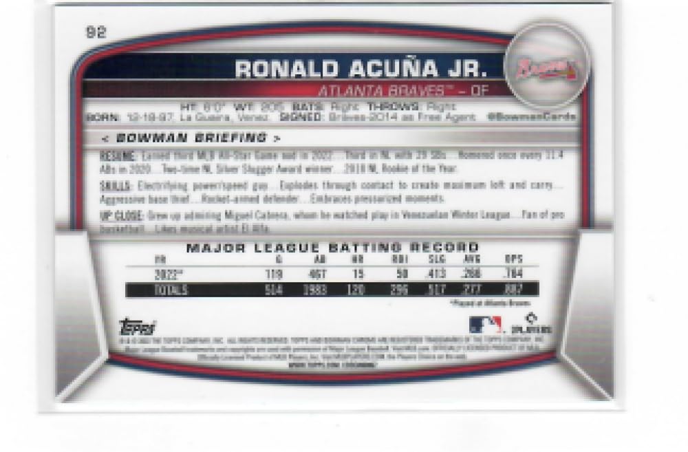 2023 Bowman Chrome Mega Box Mojo Refractor Aqua #92 Ronald Acuna Jr. /225 Atlanta Braves Baseball NM-MT V5727