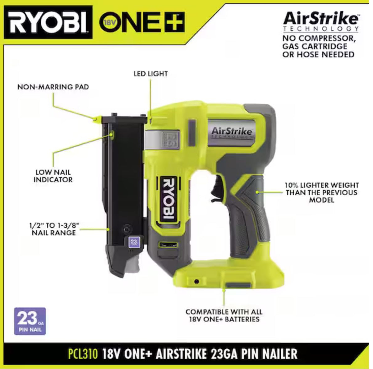 18V Cordless 23-Gauge Pin Nailer H982