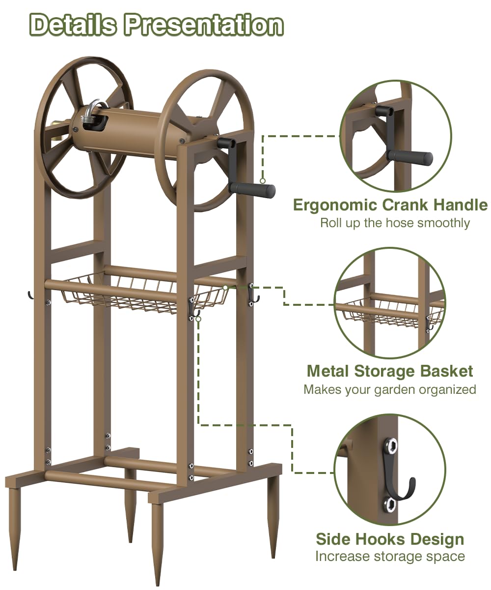Freestanding 125ft Metal Hose Reel with 4 Hooks K42324
