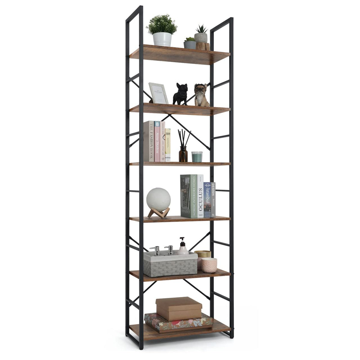 6 Tier 24 Inch Rustic Oak Bookshelf I912