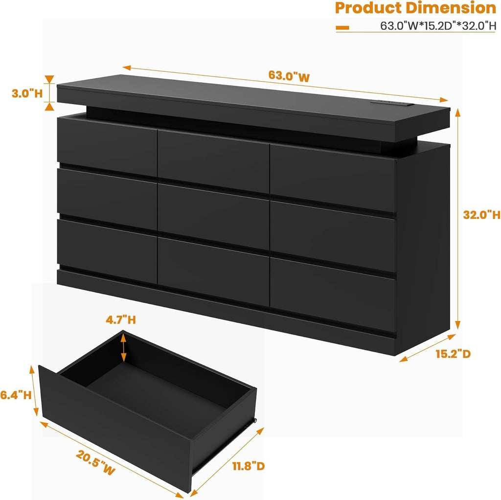 Black 9 Drawer Dresser with LED Light and Charging Station O8375