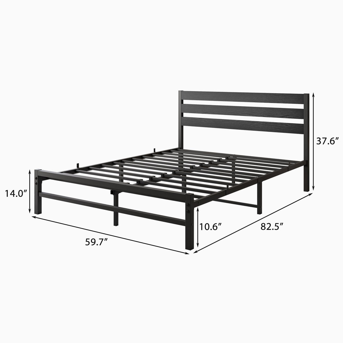 Queen Size Platform Bed Frame with Wood Headboard and Metal Slats, Black W92428