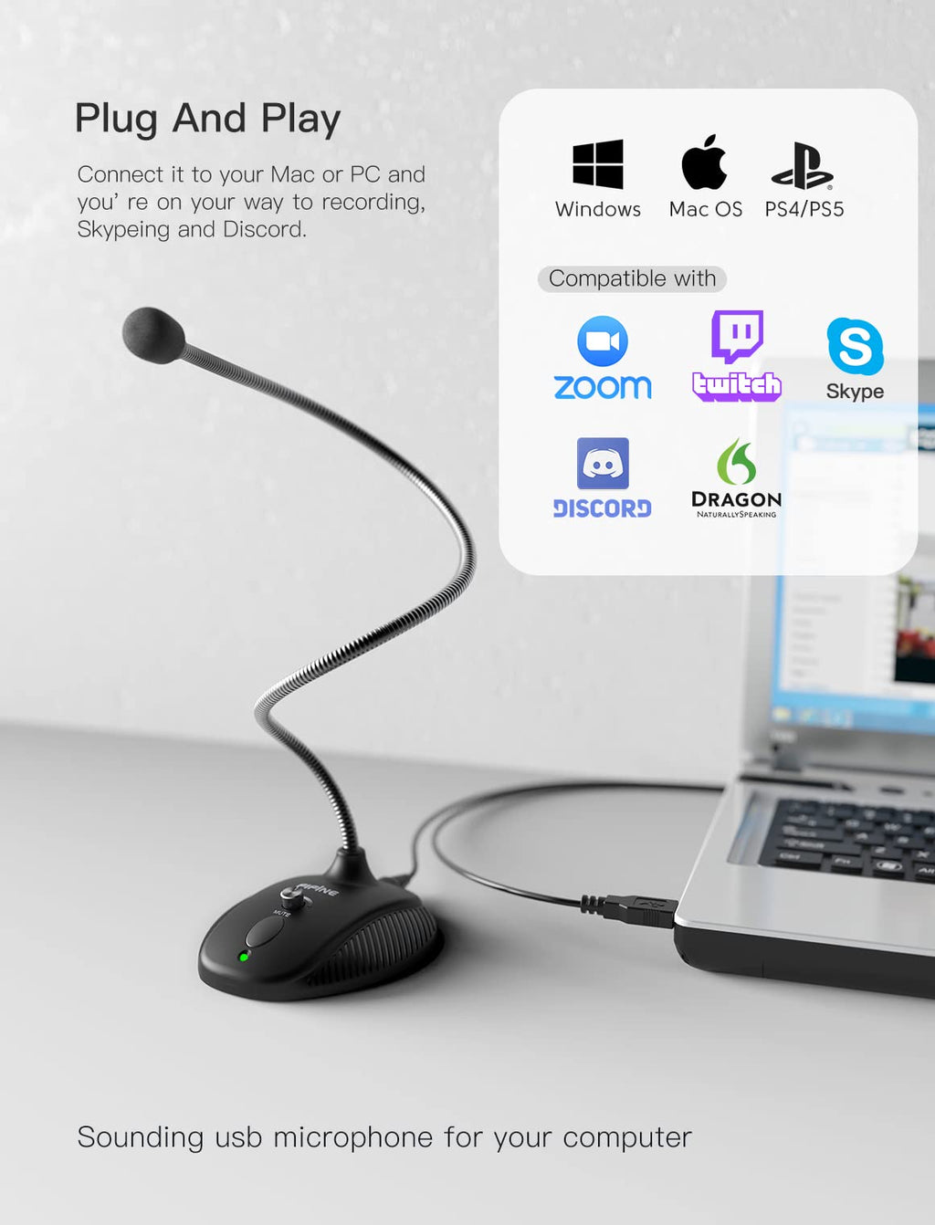 USB Computer Microphone, Plug & Play Desktop Condenser Mic, Mute Button with LED Indicator J32164