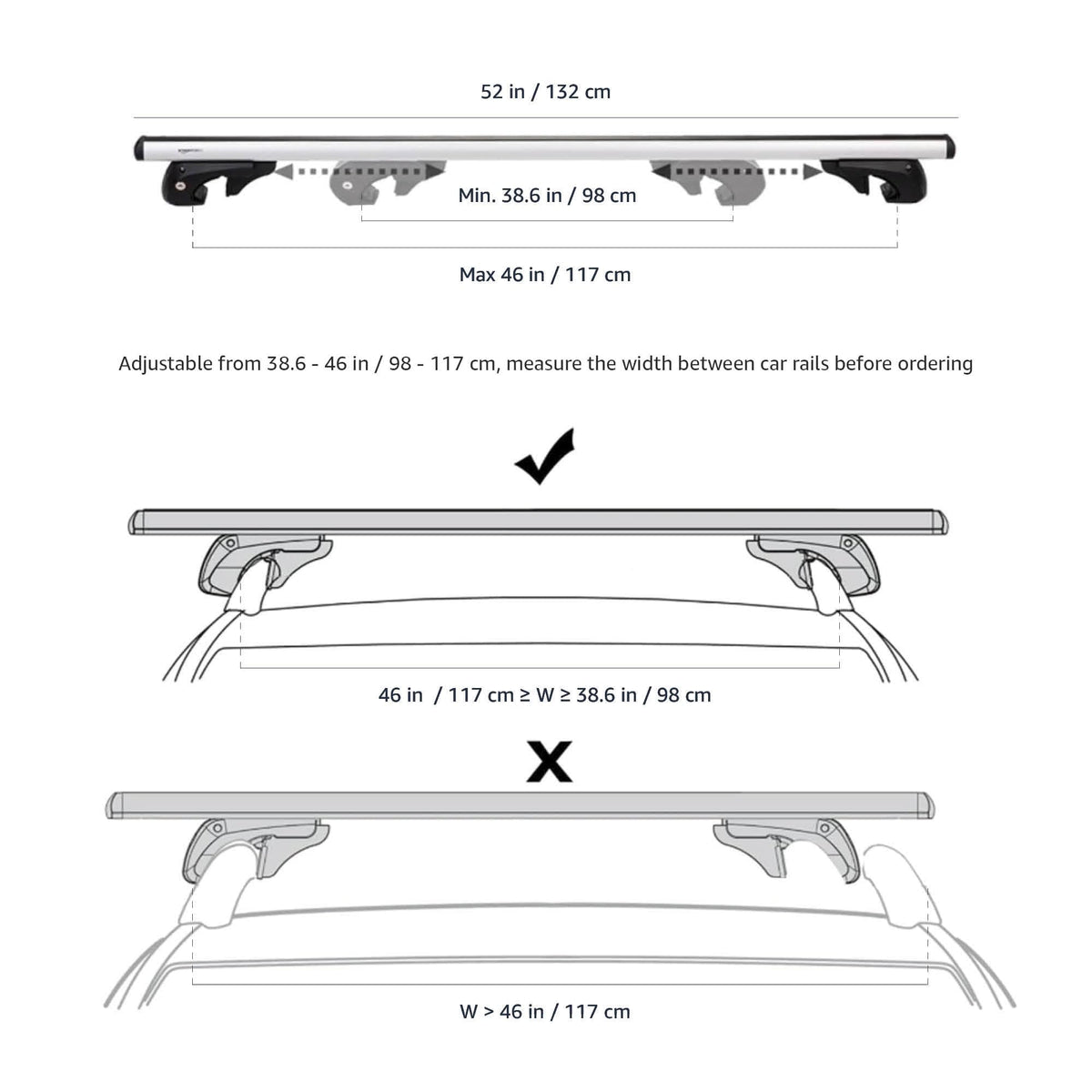Black/Silver Cross Rail Roof Rack, 52 inches, Pack of 2 X373