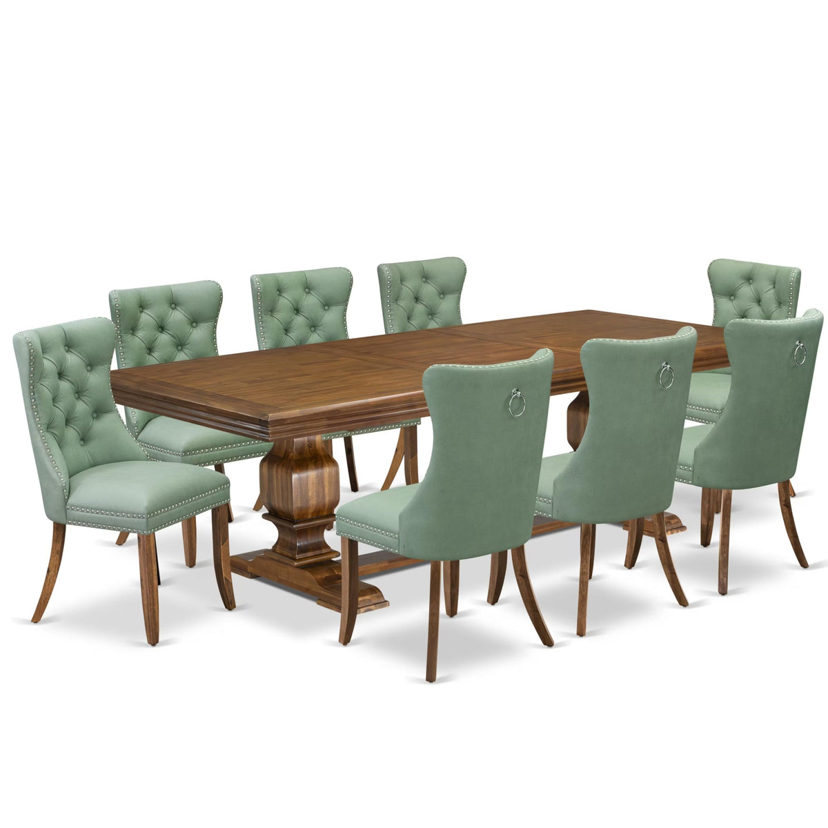 9 Piece Mid-century Dining Table Set with 8 Willow Green Polyester Chairs Y13153