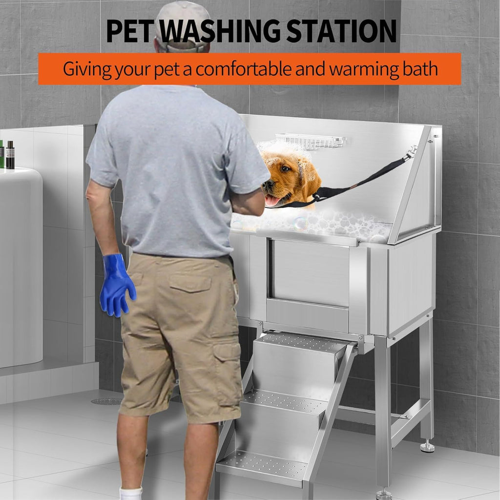 38" Stainless Steel Dog Grooming Tub with Stairs U95325