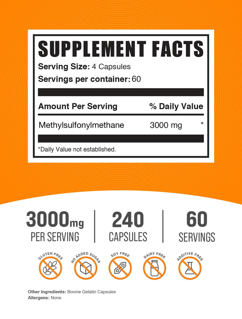 MSM 3000mg Gluten Free Capsules 240 Count E140827