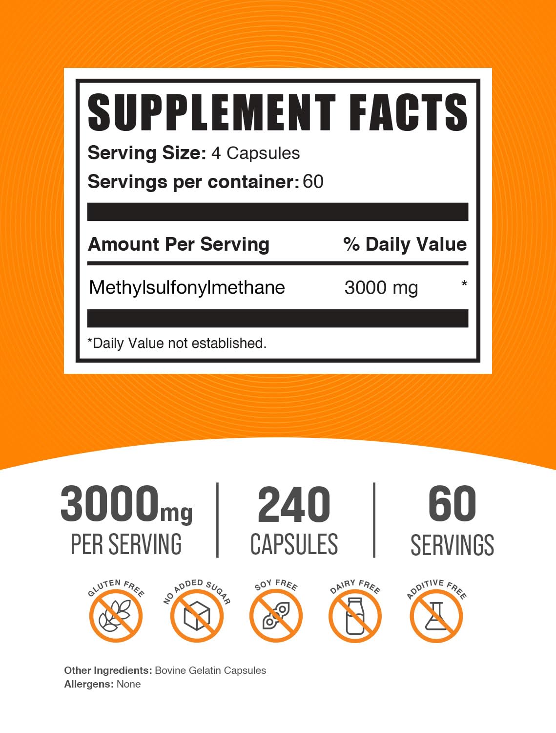 MSM 3000mg Gluten Free Capsules 240 Count E140827