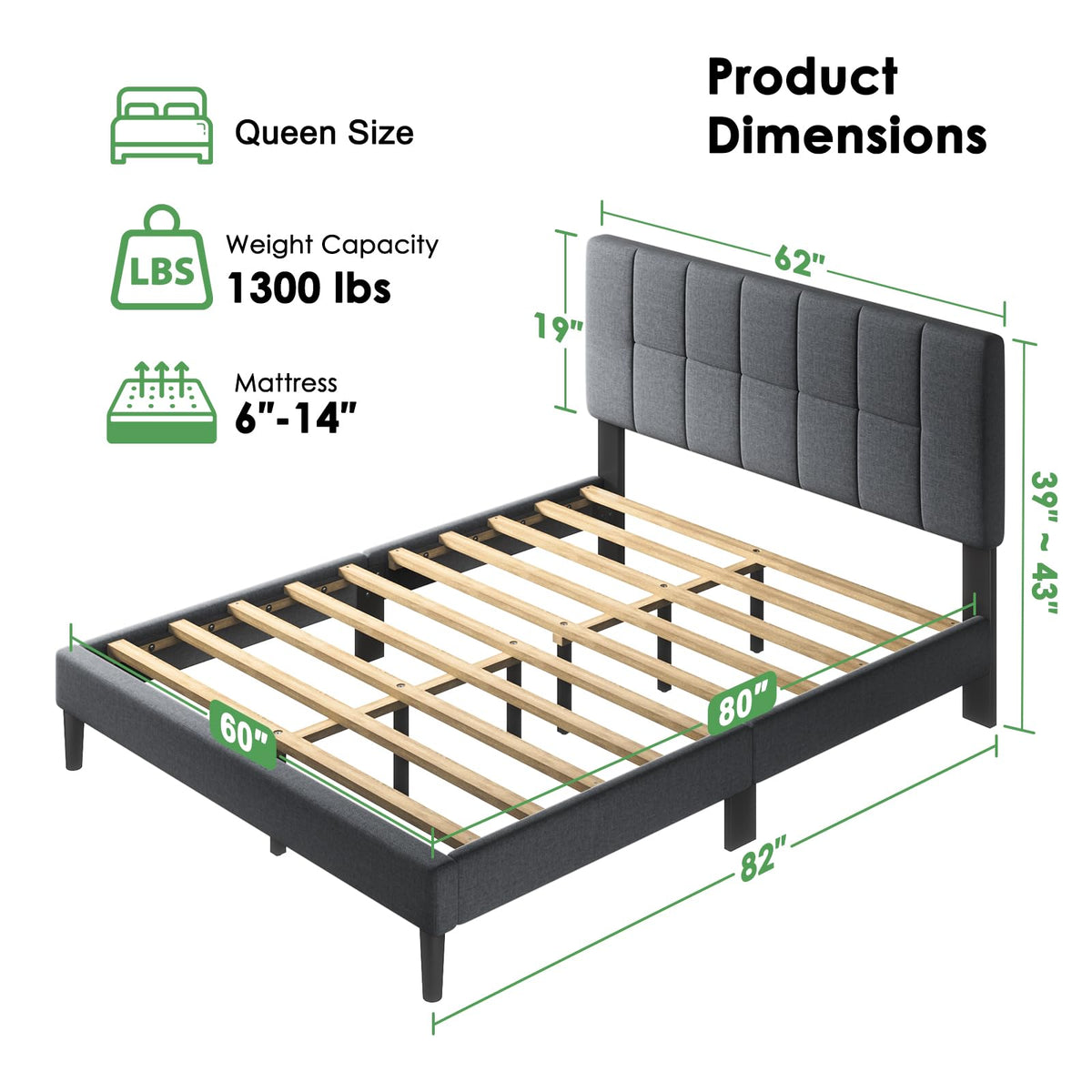 Queen Size Dark Gray Upholstered Bed Frame Z8539