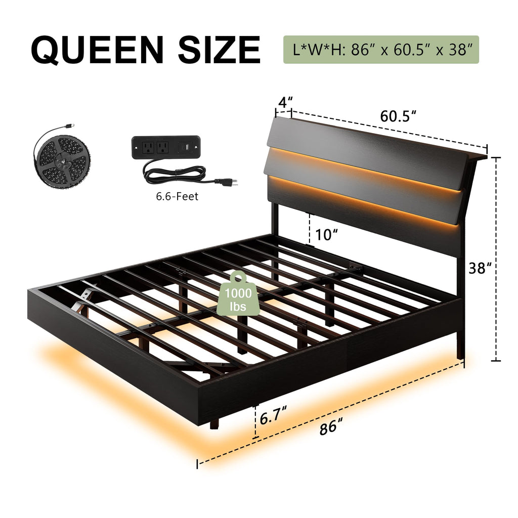 Black Queen Size Floating Bed Frame with Storage Headboard O634