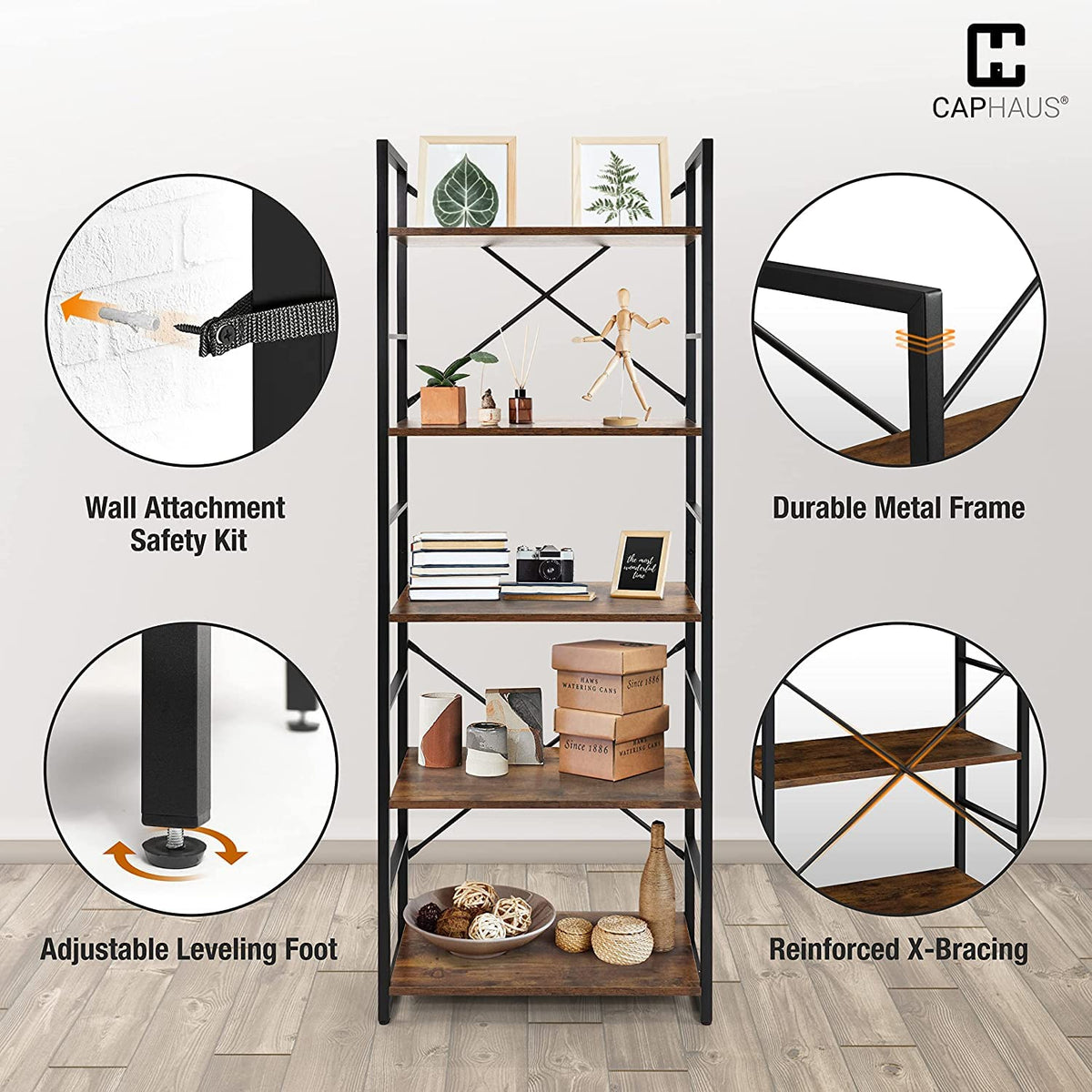 6 Tier 24 Inch Rustic Oak Bookshelf I912