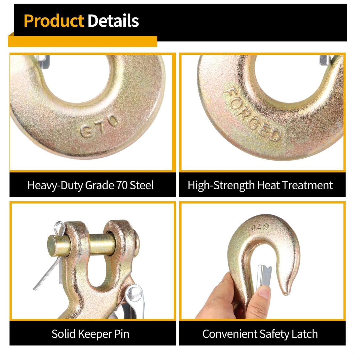 4 Pack 3/8-Inch Grade 70 Steel Clevis Slip Hooks with Safety Latch F1524