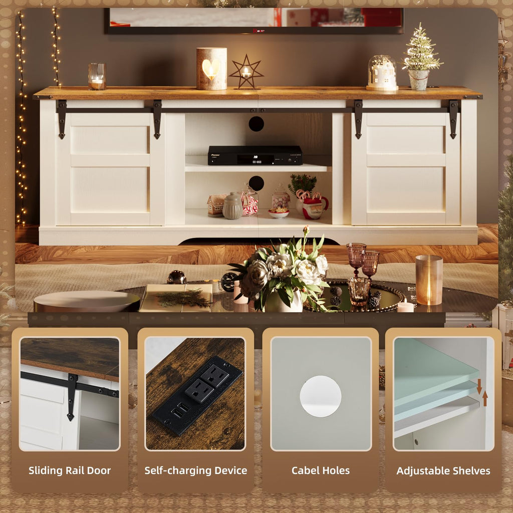 58" Farmhouse TV Stand with Sliding Barn Doors and Storage Cabinets C102554