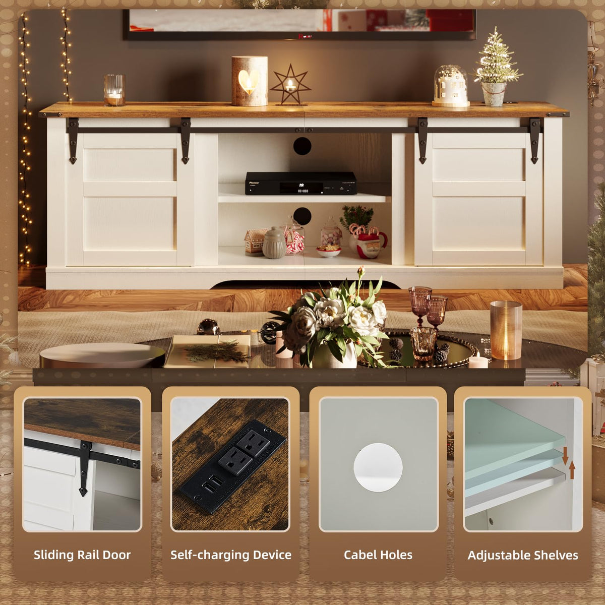 58" Farmhouse TV Stand with Sliding Barn Doors and Storage Cabinets C102554