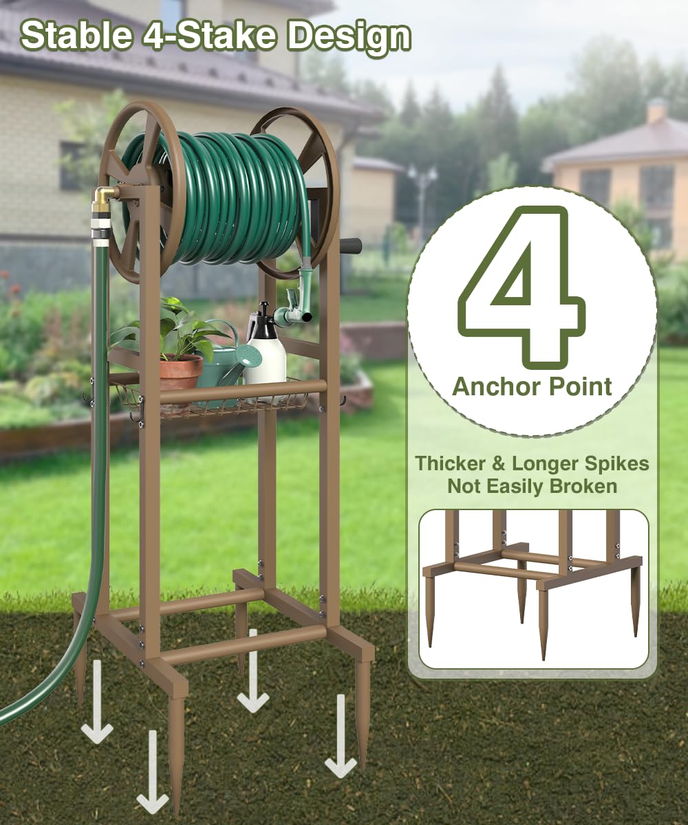 Freestanding 125ft Metal Hose Reel with 4 Hooks K42324