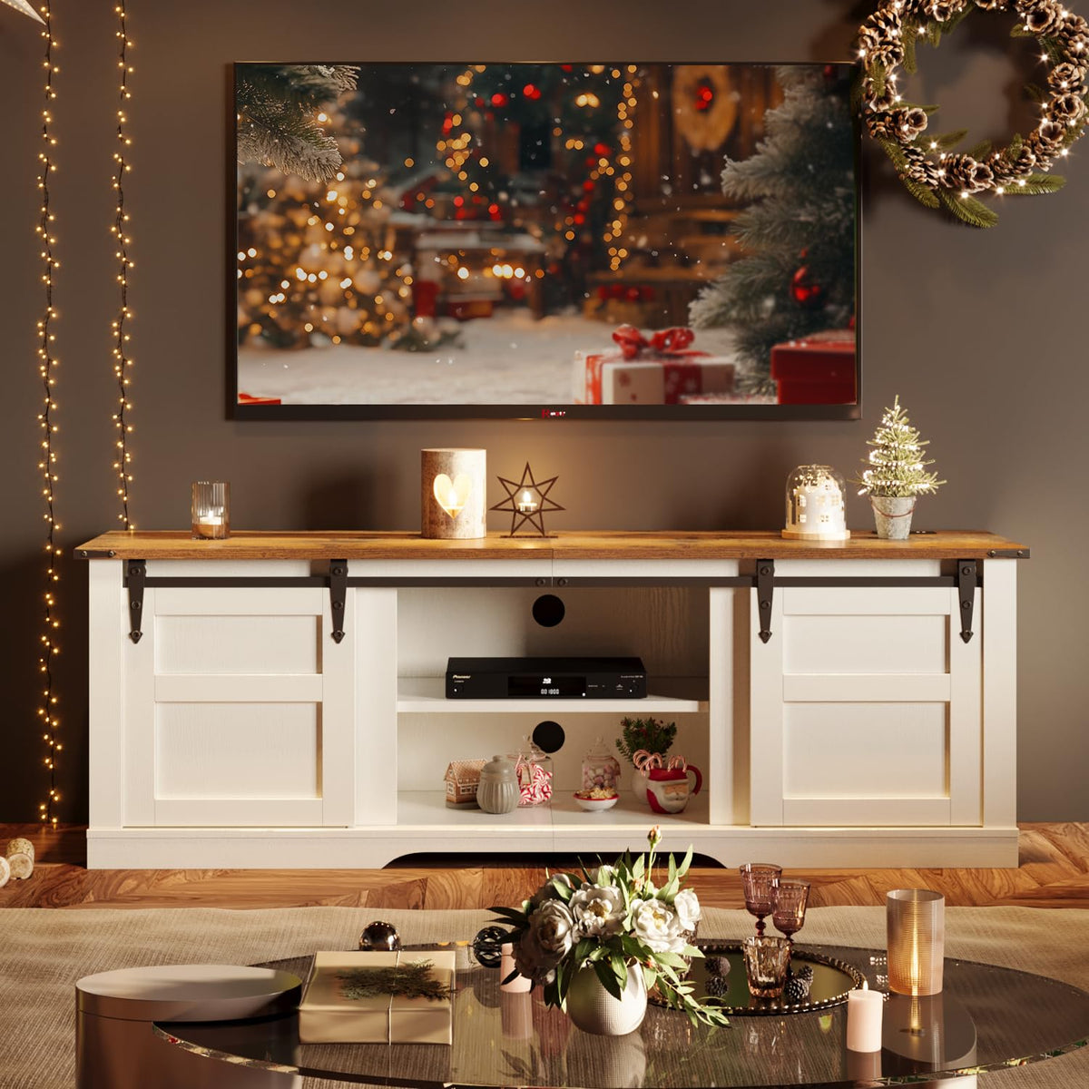 58" Farmhouse TV Stand with Sliding Barn Doors and Storage Cabinets C102554