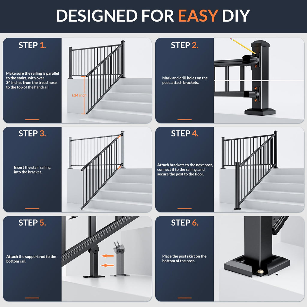 1 Pack 36 in x 6 ft Black Aluminum Stair Railing Kit L2266