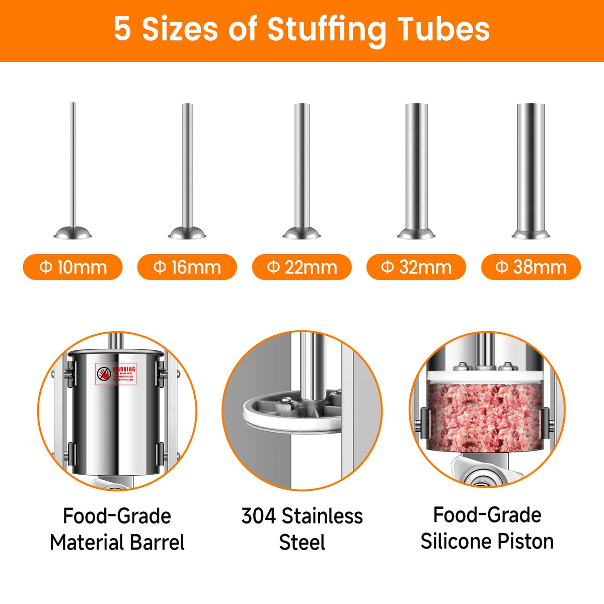 7L Vertical Stainless Steel Sausage Stuffer with 5 Filling Tubes N848029