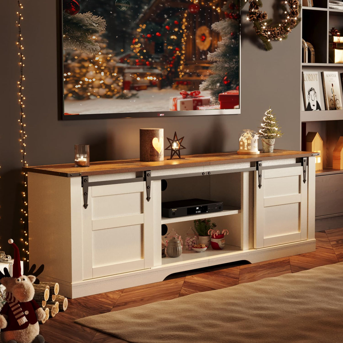 58" Farmhouse TV Stand with Sliding Barn Doors and Storage Cabinets C102554