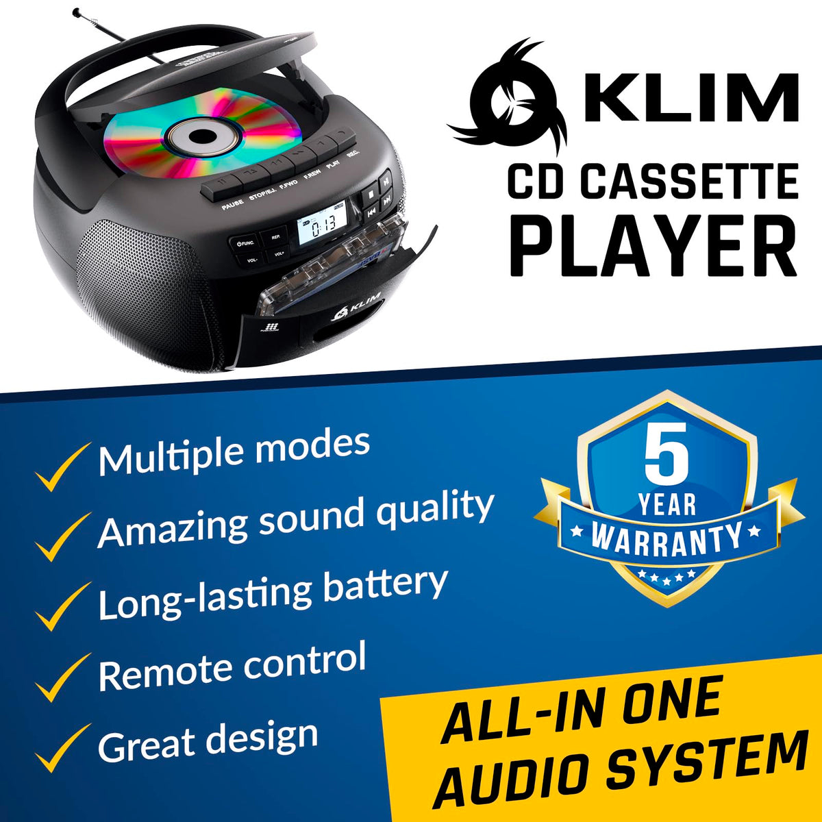 CD Cassette Player with Bluetooth AM FM Radio USB Drive H2461