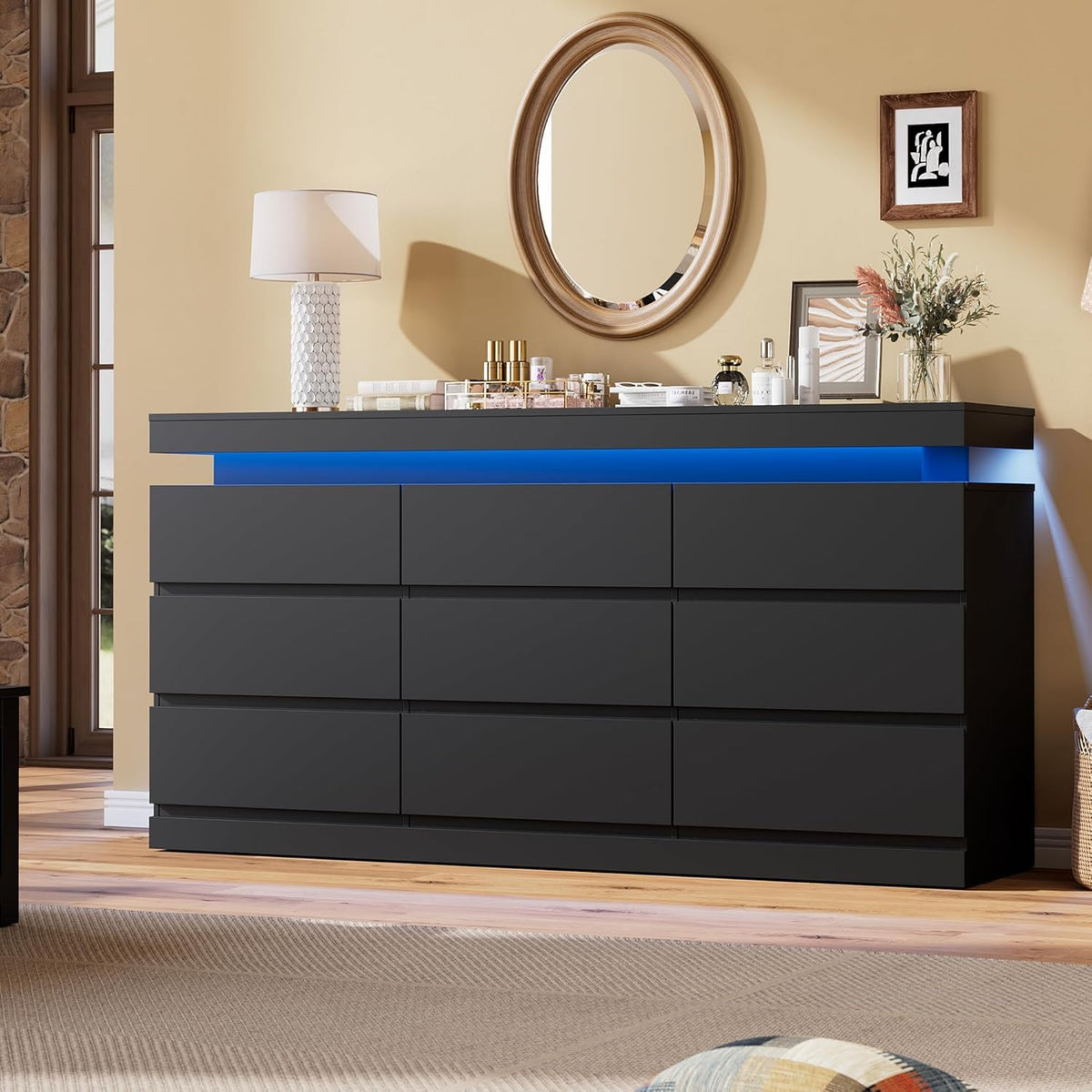 Black 9 Drawer Dresser with LED Light and Charging Station O8375