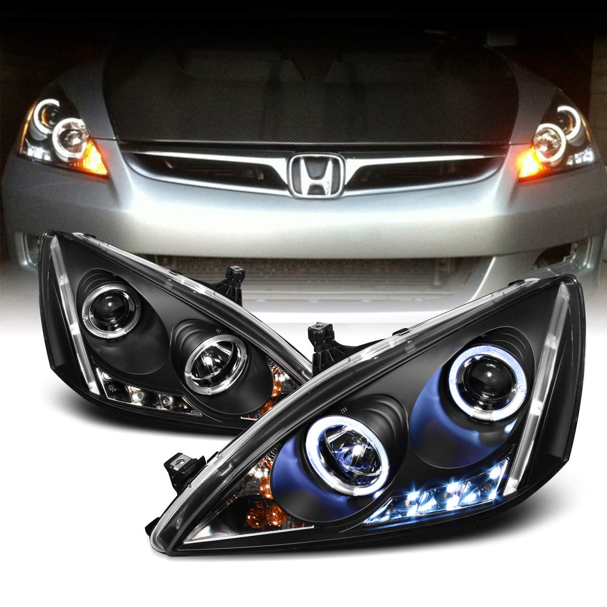 Black Bezel Dual Ring DRL LED Projector Headlights Pair H99204