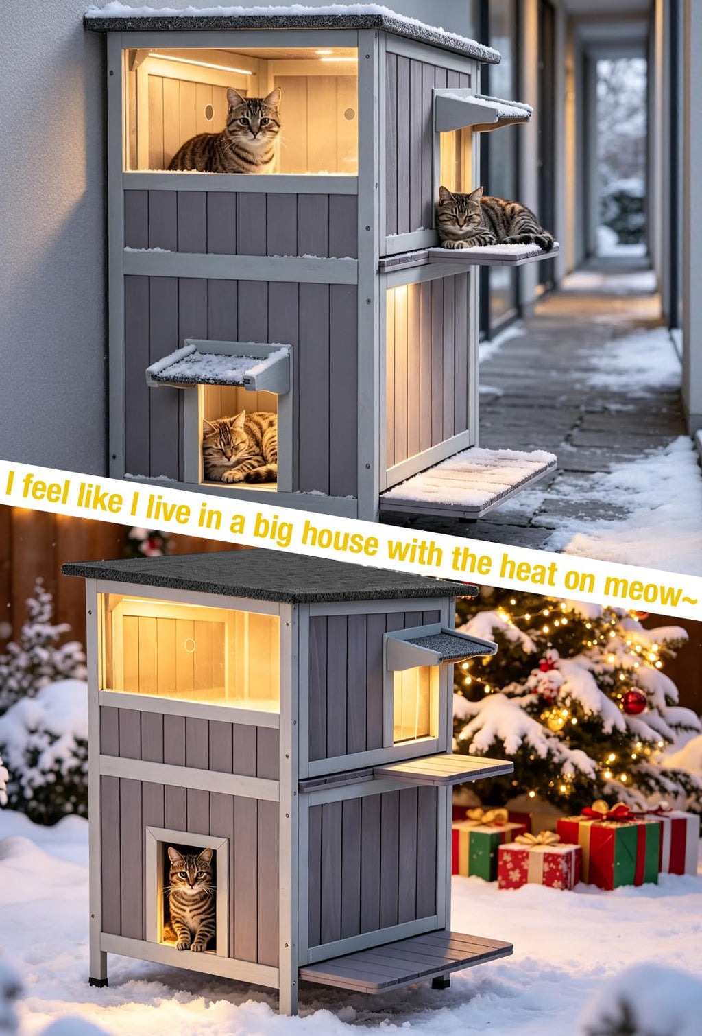 Heated 2-Story Solid Wood Cat House X7986