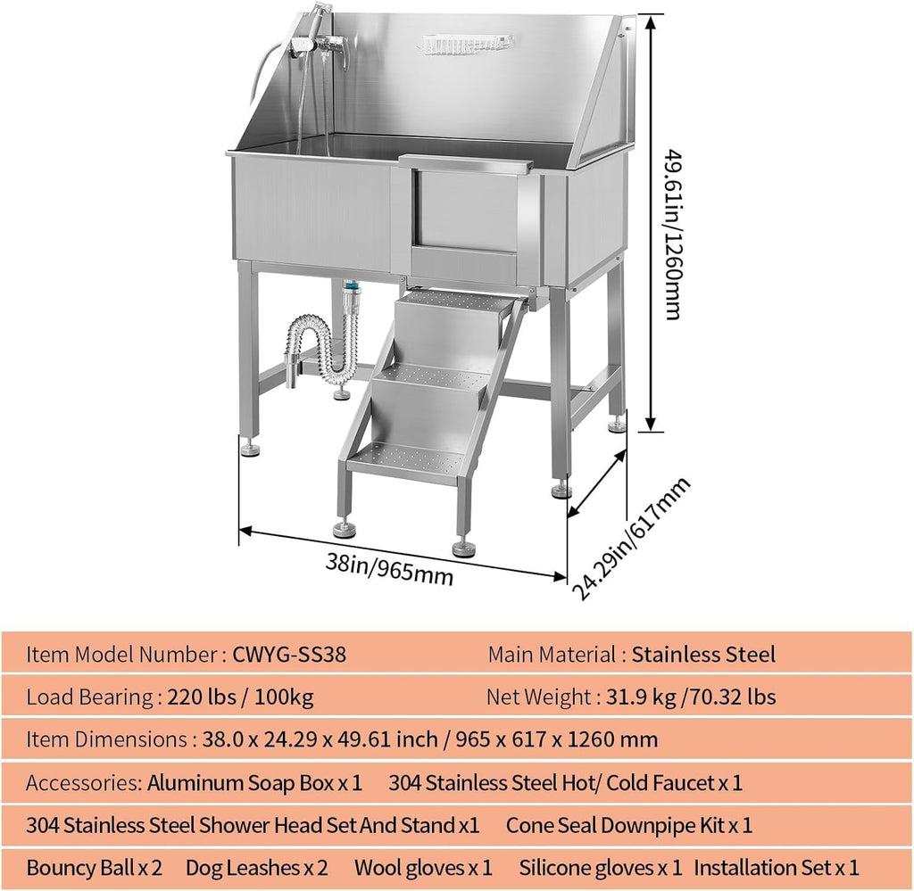 38" Stainless Steel Dog Grooming Tub with Stairs U95325