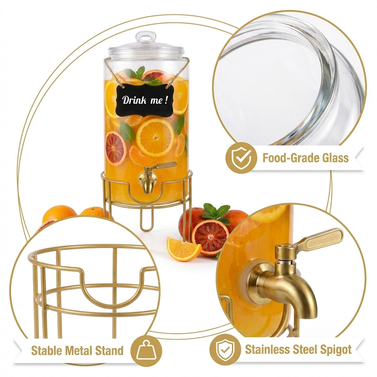 1 Gallon Glass Drink Dispenser with Stainless Steel Spigot U829236