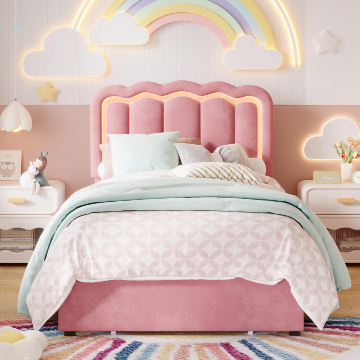 Twin Size Bed Frame with LED Lights and Storage Drawer K6914