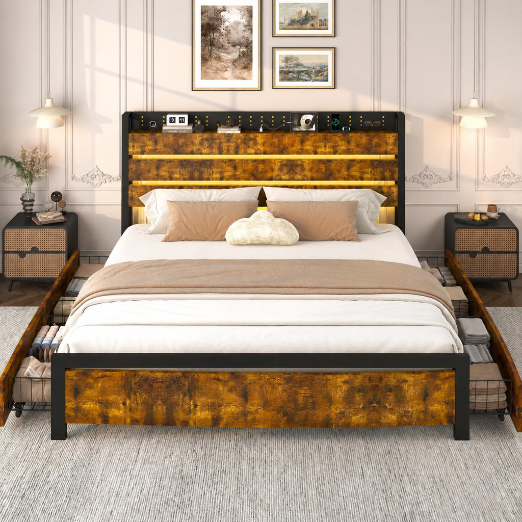 King Size Storage Bed Frame with 4 Drawers, Metal Bed Frame with Headboard Charging Station & Led Lights, Heavy Duty Platform Bedframe, No Box Spring Needed, Noise Free, Easy Assembly, Brown J852