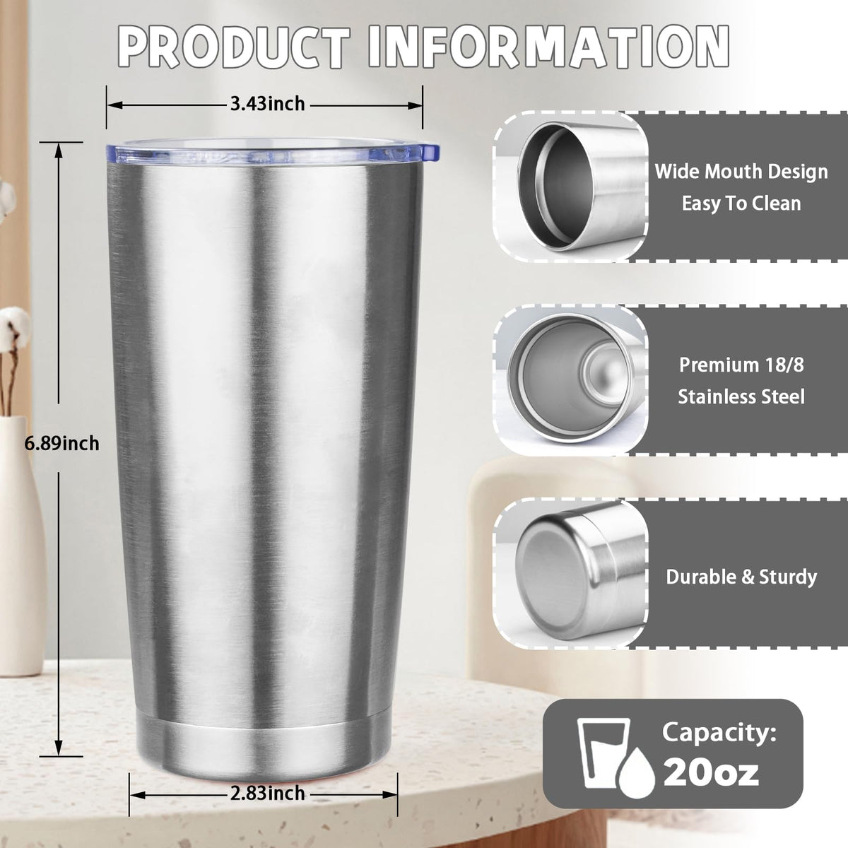 20 oz Stainless Steel Insulated Tumbler with Lids and Straws H9559