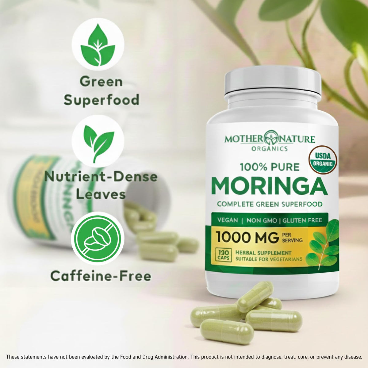 Organic Moringa Leaf Capsules 1000mg 120 Ct N44950
