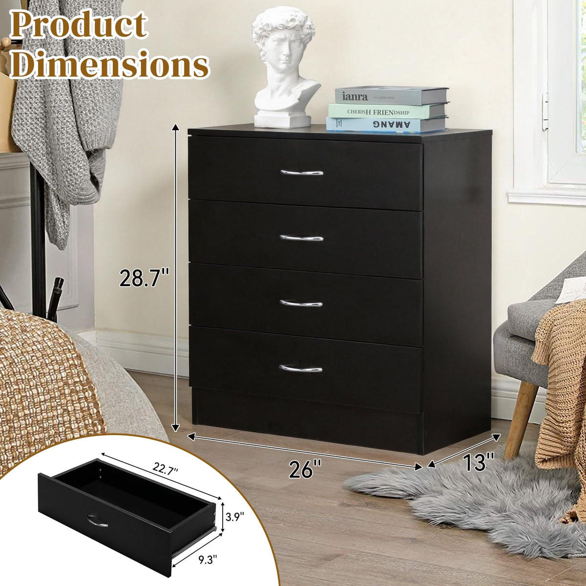 Black 4 Drawer Nightstand X2763