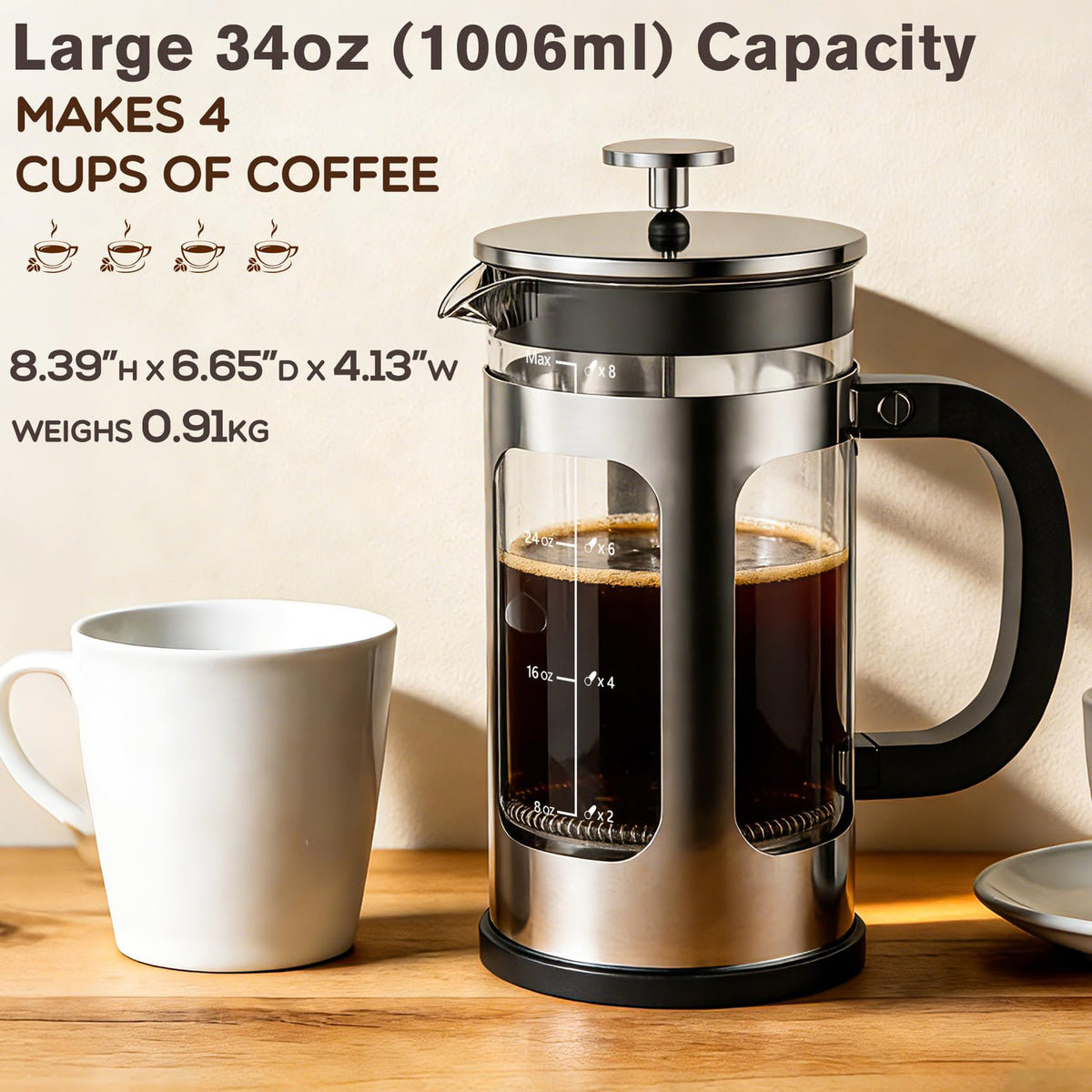 34oz Heat Resistant Glass Stainless Steel French Press Coffee Maker H599
