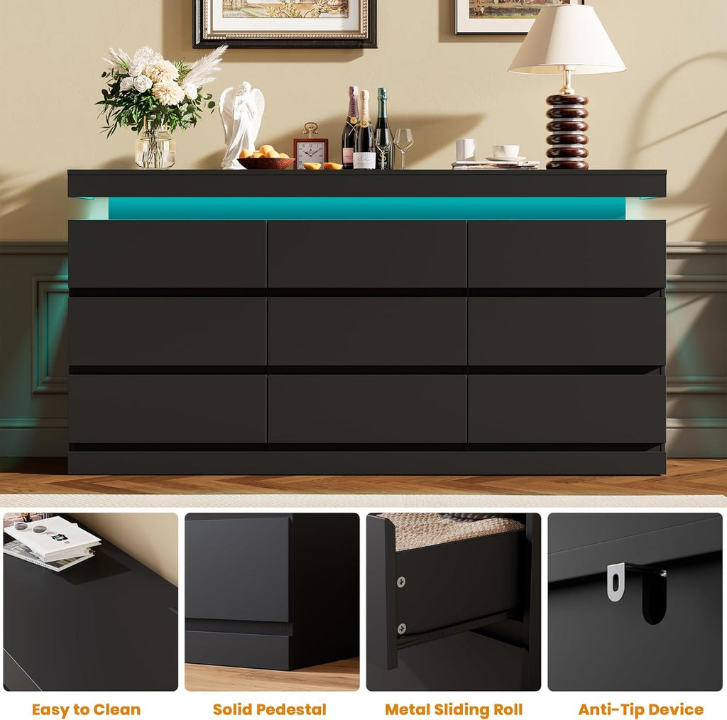 Black 9 Drawer Dresser with LED Light and Charging Station O8375