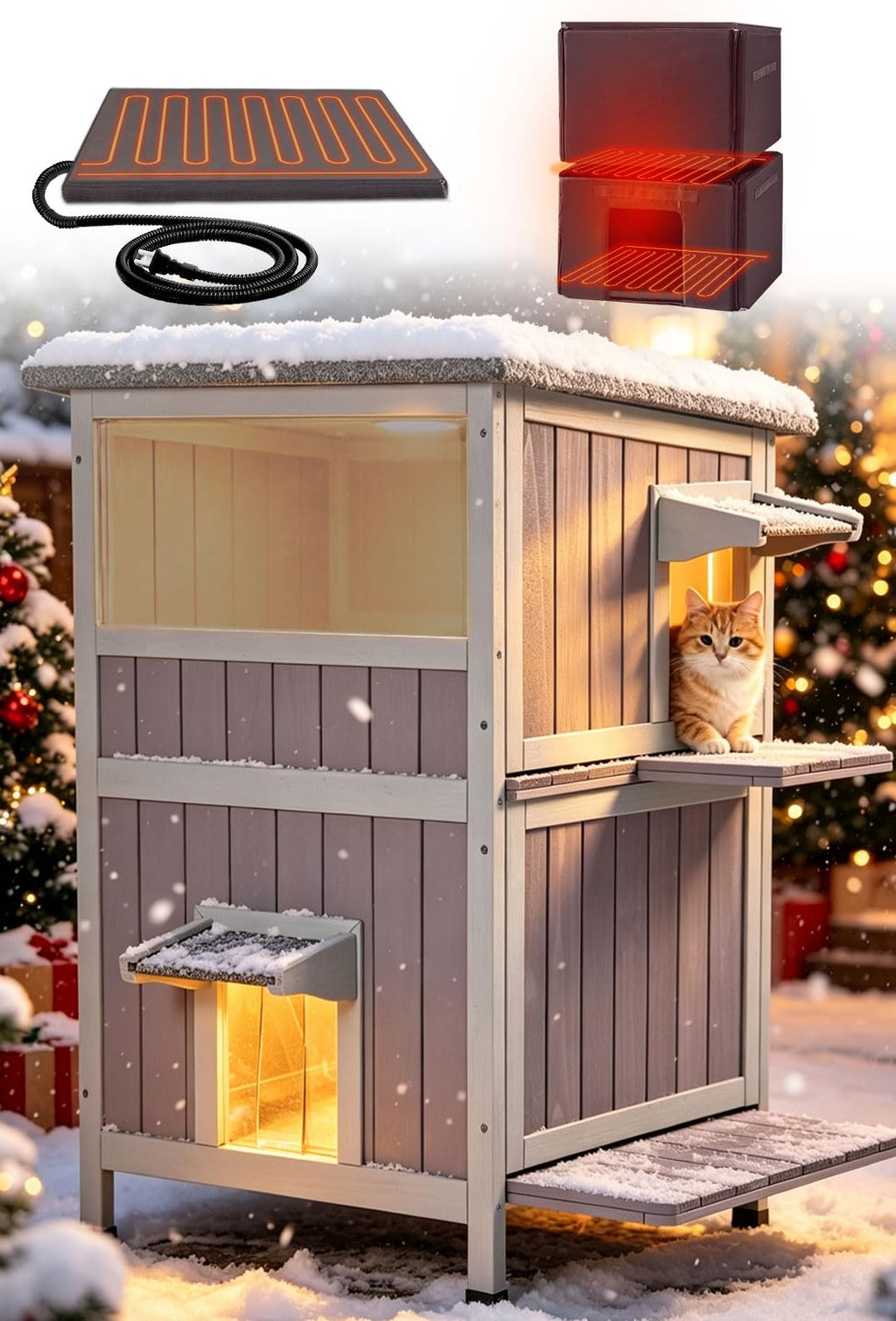 Heated 2-Story Solid Wood Cat House X7986