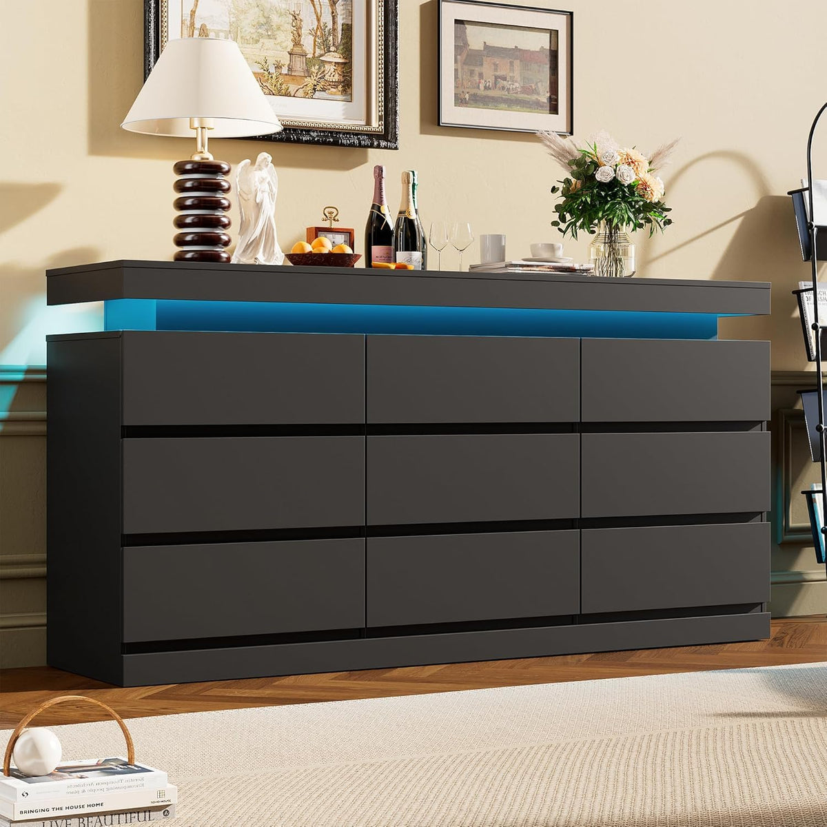 Black 9 Drawer Dresser with LED Light and Charging Station O8375