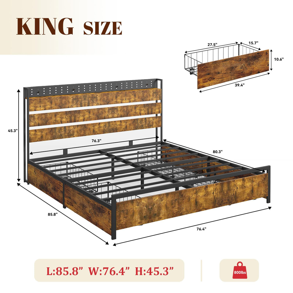 King Size Storage Bed Frame with 4 Drawers, Metal Bed Frame with Headboard Charging Station & Led Lights, Heavy Duty Platform Bedframe, No Box Spring Needed, Noise Free, Easy Assembly, Brown J852