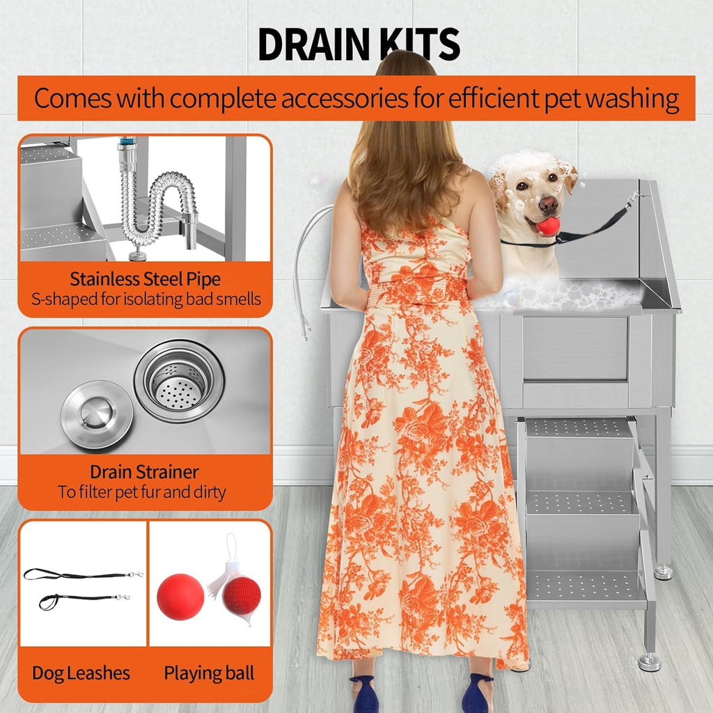 38" Stainless Steel Dog Grooming Tub with Stairs U95325