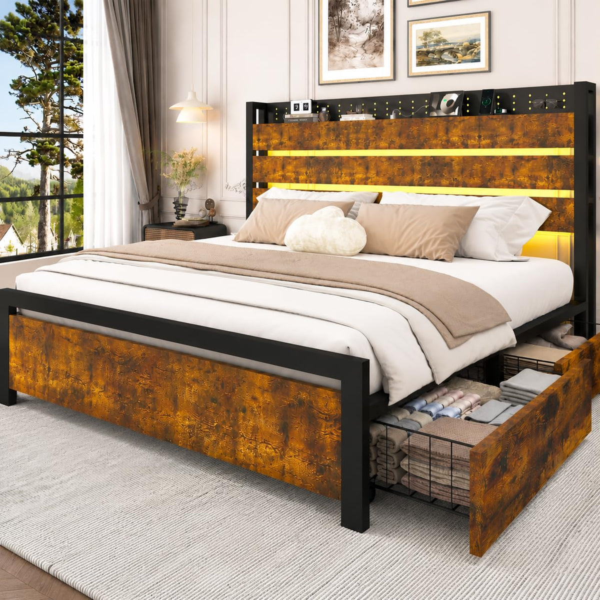 King Size Storage Bed Frame with 4 Drawers, Metal Bed Frame with Headboard Charging Station & Led Lights, Heavy Duty Platform Bedframe, No Box Spring Needed, Noise Free, Easy Assembly, Brown J852