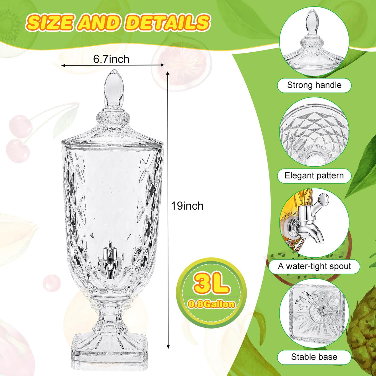 2 Pcs 0.8 Gallon Glass Beverage Dispenser with Stand and Spigot L300645