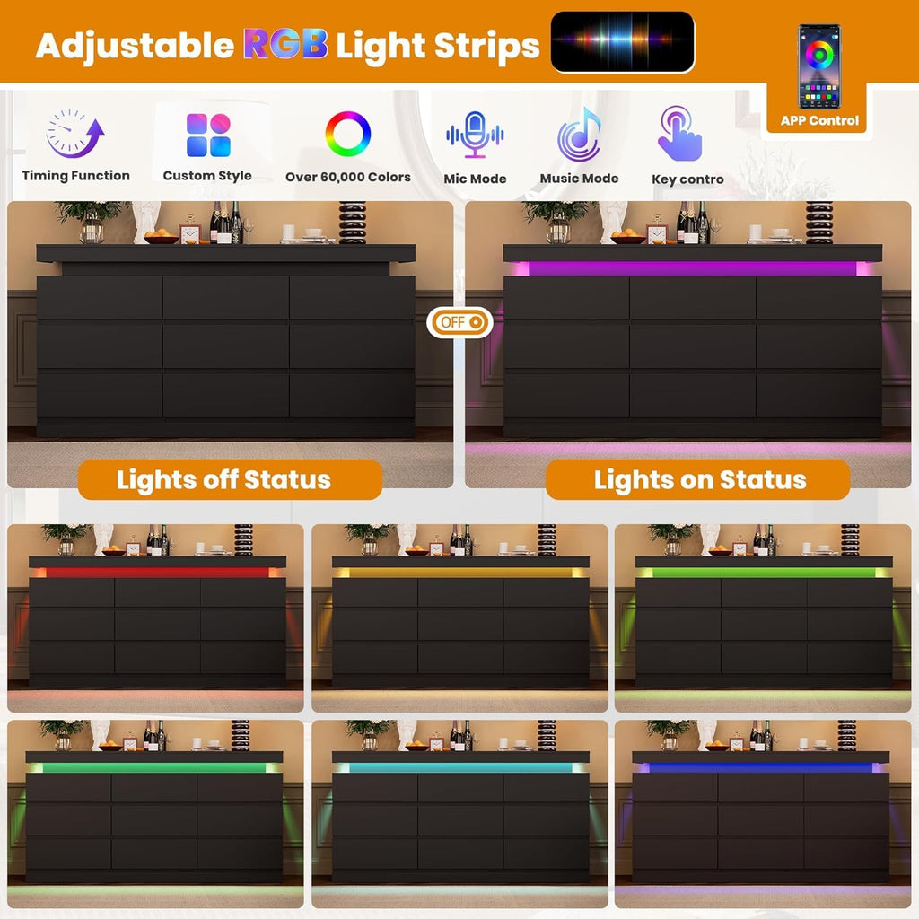 Black 9 Drawer Dresser with LED Light and Charging Station O8375