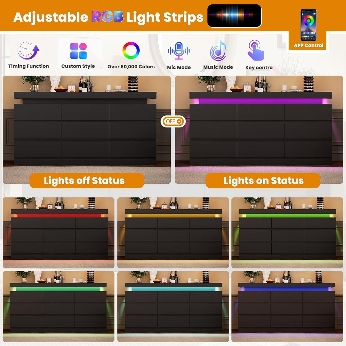 Black 9 Drawer Dresser with LED Light and Charging Station O8375