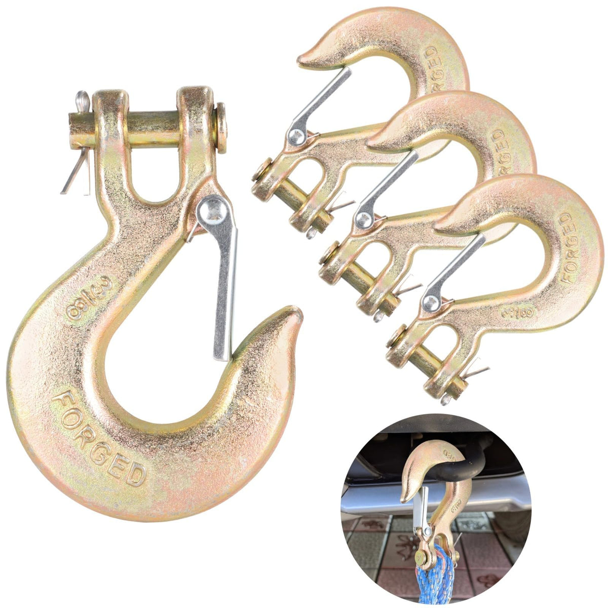 4 Pack 3/8-Inch Grade 70 Steel Clevis Slip Hooks with Safety Latch F1524