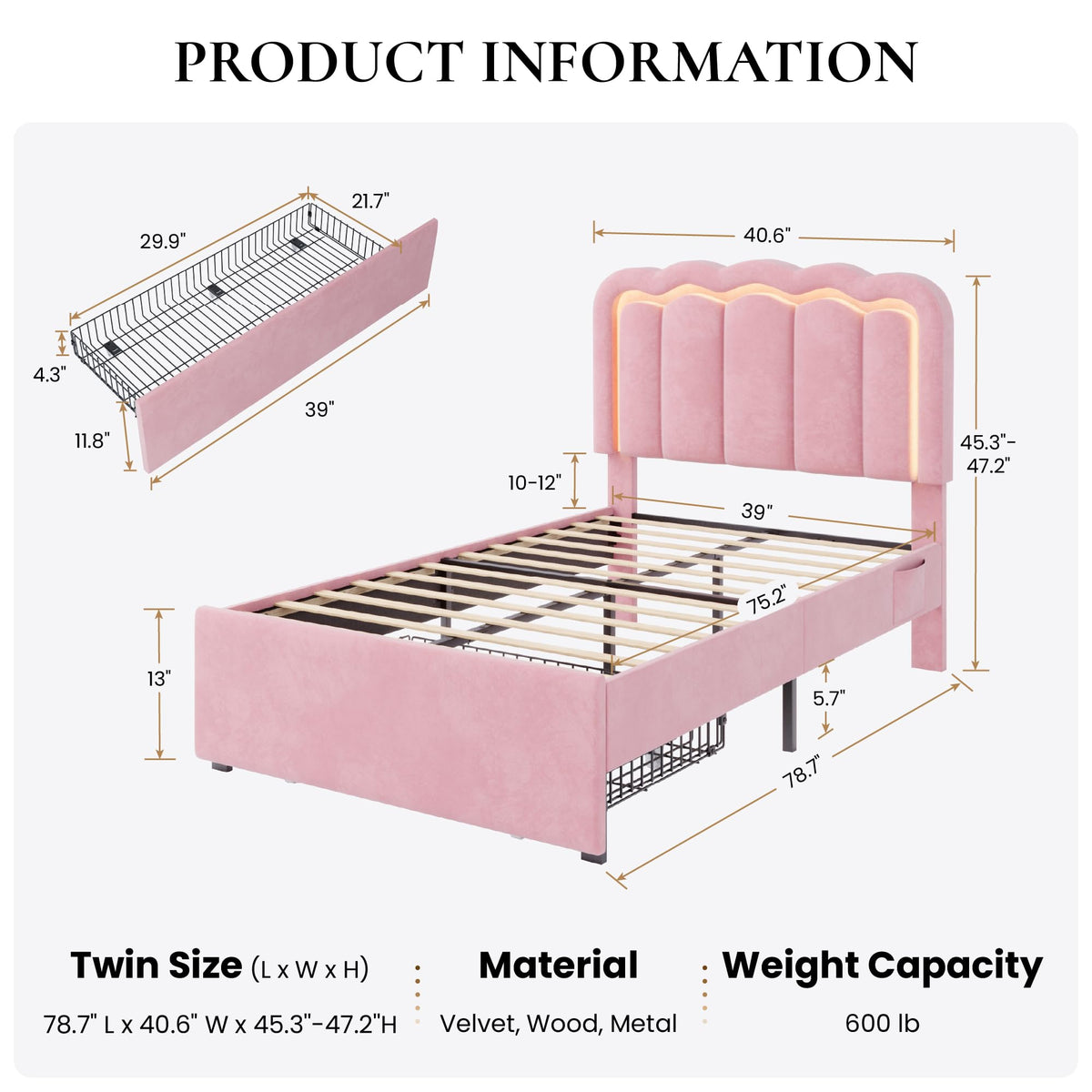 Twin Size Bed Frame with LED Lights and Storage Drawer K6914