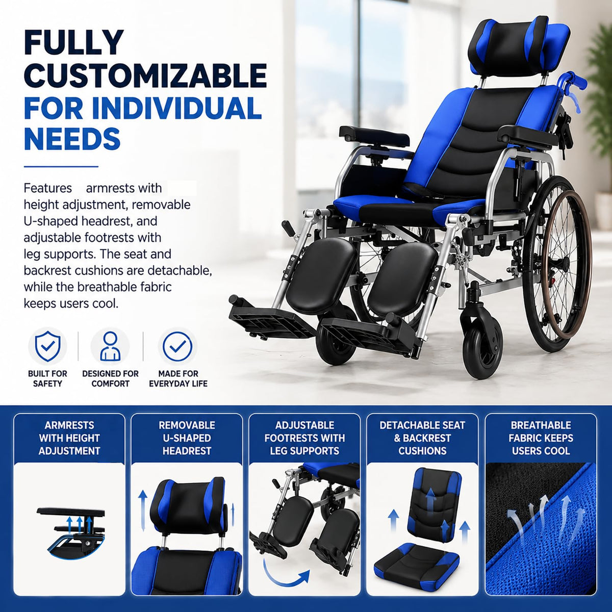 High Back Reclining Wheelchair with Elevating Leg Rests U261732