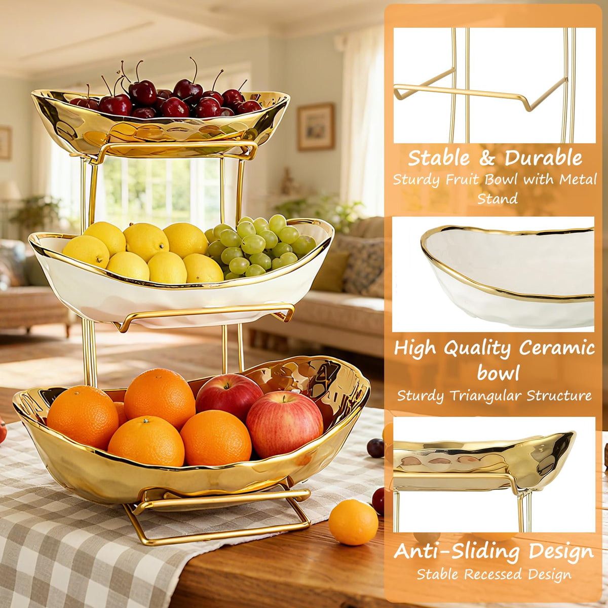 3 Tier Ceramic Fruit Bowl with Metal Rack L9240