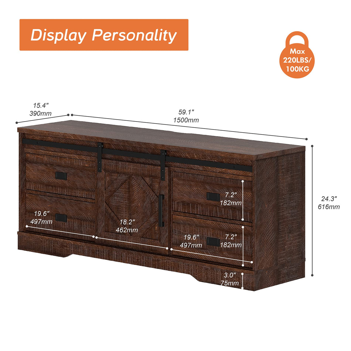 60 inch Farmhouse TV Stand with Drawers & Storage Cabinet E73812