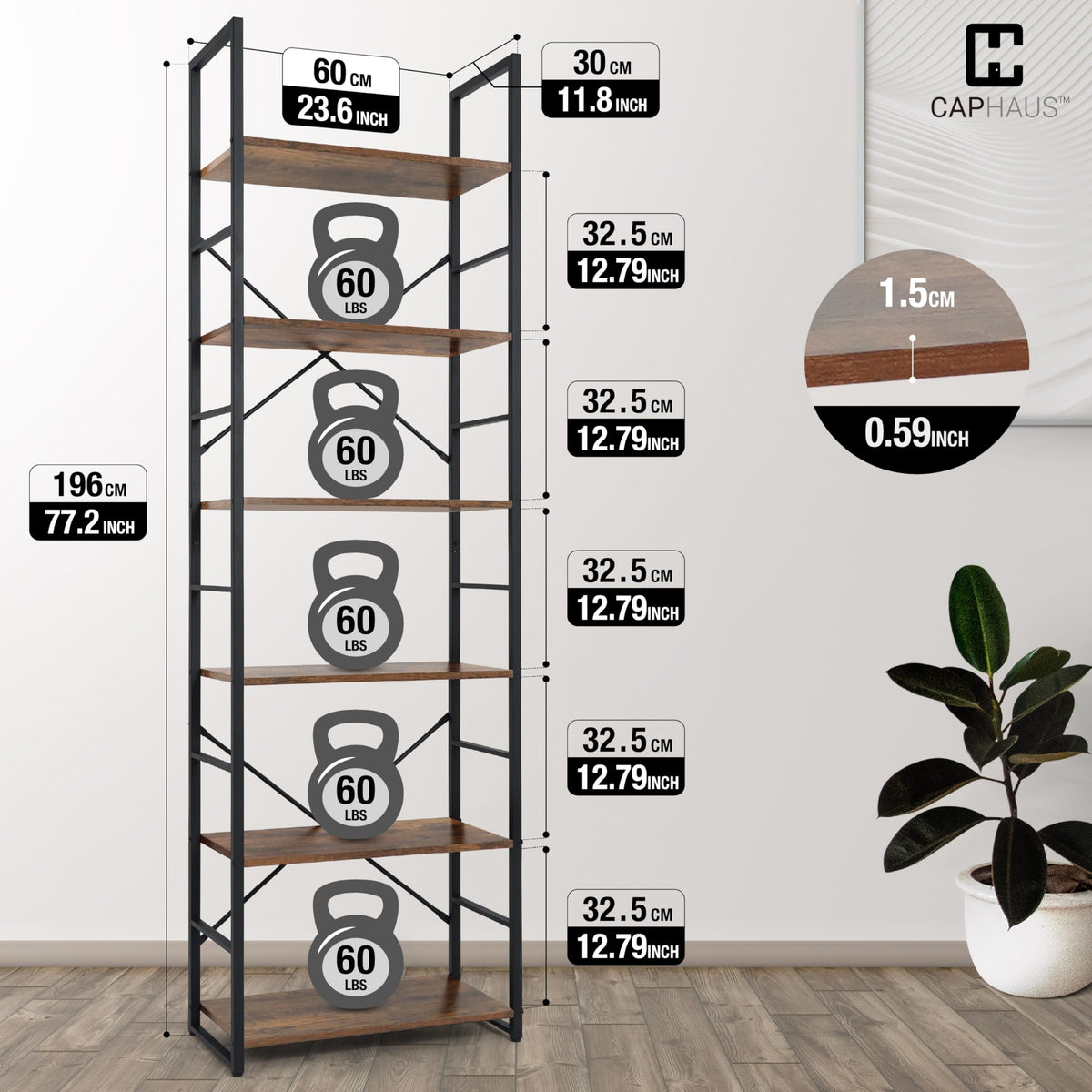 6 Tier 24 Inch Rustic Oak Bookshelf I912